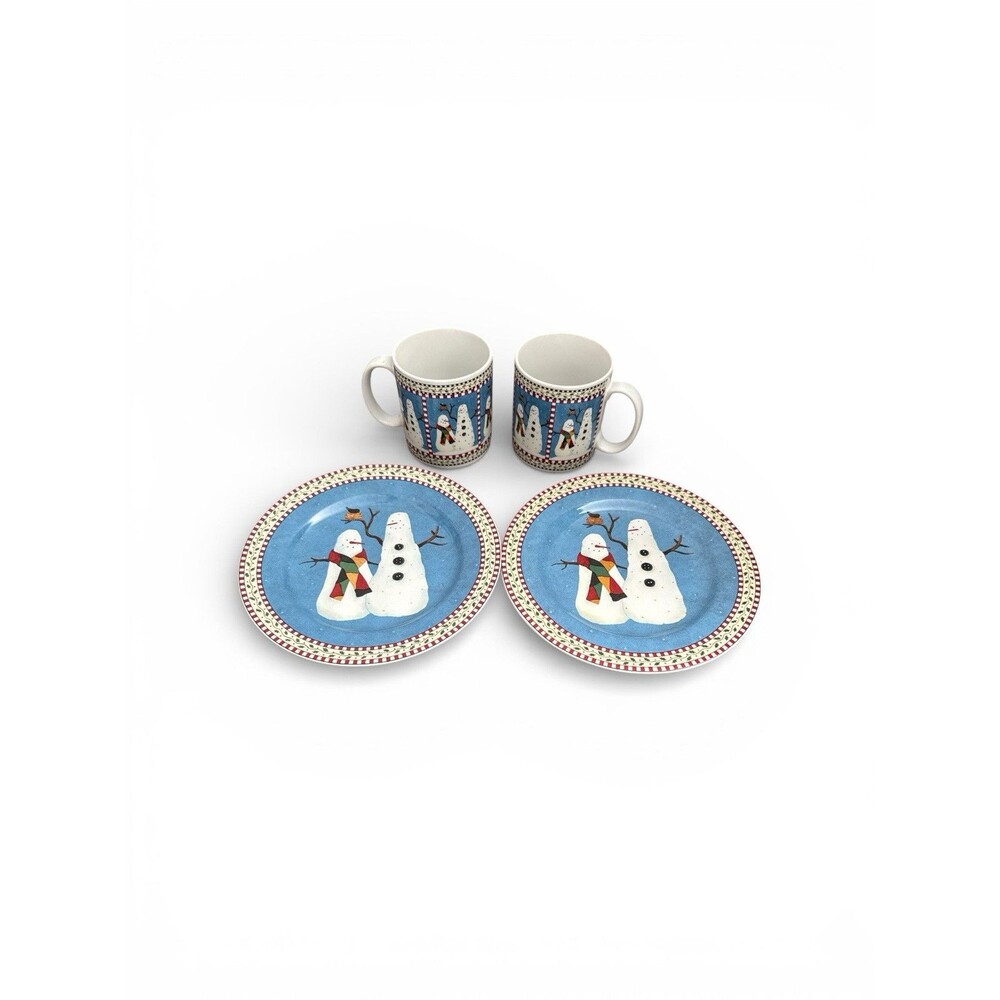 Vintage Debbie Mumm Sakura Snowmen Coffee Mug And Salad Plate Set